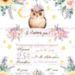 Προσκλητήριο Bάπτισης "Κουκουβάγια" για κορίτσι