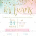 Προσκλητήριο Bάπτισης "Pastel watercolor χρωματισμούς" για δίδυμα